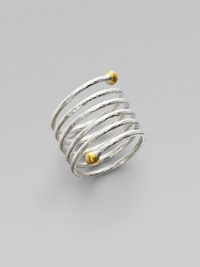 From the Spring Collection. A spiral of hammered sterling silver is richly capped with 24k yellow gold spheres.Sterling silver 24k yellow gold Imported