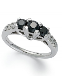 Chic contrast. This sweetly-sparkling 3-stone ring combines round-cut black diamonds (3/4 ct. t.w.) and white diamonds at the shoulders (1/4 ct. t.w.). Set in 14k white gold. Chic contrast. This sweetly-sparkling 3-stone ring combines round-cut black diamonds (3/4 ct. t.w.) and white diamonds at the shoulders (1/4 ct. t.w.). Set in 14k white gold.