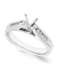 Start off your one-of-a-kind engagement ring by selecting your favorite ring setting. This stunning ring setting features a 4-prong design in 14k white gold with round-cut diamonds at the shoulders (1/8 ct. t.w.). Band width: 3-1/2 mm. Available in whole sizes 6-9. Start off your one-of-a-kind engagement ring by selecting your favorite ring setting. This stunning ring setting features a 4-prong design in 14k white gold with round-cut diamonds at the shoulders (1/8 ct. t.w.). Band width: 3-1/2 mm. Available in whole sizes 6-9.