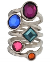 Stack up endless color. This set of 5 rings from GUESS are adorned with colorful glass accents in varying shapes. Crafted in silver tone mixed metal. Approximate diameter: 1/2 inch. Stack up endless color. This set of 5 rings from GUESS are adorned with colorful glass accents in varying shapes. Crafted in silver tone mixed metal. Approximate diameter: 1/2 inch.