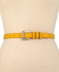 You'll never lay low with this eye-catching skinny belt from Nine West. Exotic snake detail and a covered buckle grab attention. You'll never lay low with this eye-catching skinny belt from Nine West. Exotic snake detail and a covered buckle grab attention.