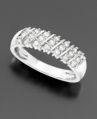 Channels of round, brilliant-cut diamonds (1/5 ct. t.w.) and 14k white gold are a dazzling combination on this beautiful diamond ring. Channels of round, brilliant-cut diamonds (1/5 ct. t.w.) and 14k white gold are a dazzling combination on this beautiful diamond ring.