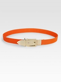 Be bold and whimsical with this elastic style accented with a shiny metal buckle and tip. Width, about 1Made in Italy Be bold and whimsical with this elastic style accented with a shiny metal buckle and tip. Width, about 1Made in Italy