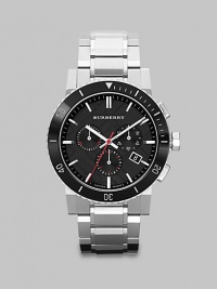 A modern chronograph dial with a check stamped finish and a stainless steel link bracelet.Quartz movementChronograph dialRound bezelWater resistant to 5ATMDate display at 4 o'clockSecond handStainless steel case: 42mm(1.65)Stainless steel link braceletImported A modern chronograph dial with a check stamped finish and a stainless steel link bracelet.Quartz movementChronograph dialRound bezelWater resistant to 5ATMDate display at 4 o'clockSecond handStainless steel case: 42mm(1.65)Stainless steel link braceletImported