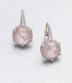 A simple chic design with a mother-of-pearl doublet accented with faceted pink crystals. Mother-of-pearl doublet accented with pink crystalsRhodium-plated sterling silverLength, about .75LeverbackImported 