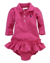 The classic polo dress in breathable cotton mesh is accented with pretty puffed sleeves, a ruffled hem and a comfortable A-line silhouette. The classic polo dress in breathable cotton mesh is accented with pretty puffed sleeves, a ruffled hem and a comfortable A-line silhouette.
