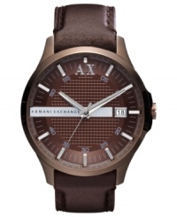 A casual timepiece crafted from rich leather and sturdy steel, by AX Armani Exchange. A casual timepiece crafted from rich leather and sturdy steel, by AX Armani Exchange.