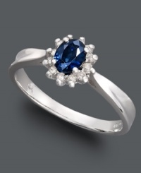 Get the royal treatment in this inspired style. Crafted from 14k white gold, ring boasts a beautiful oval-cut sapphire (3/8 ct. t.w.) surrounded by round-cut diamonds (1/8 ct. t.w.). Get the royal treatment in this inspired style. Crafted from 14k white gold, ring boasts a beautiful oval-cut sapphire (3/8 ct. t.w.) surrounded by round-cut diamonds (1/8 ct. t.w.).