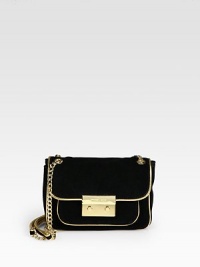 An elegant design in soft suede with metallic leather trim.Chain and leather double shoulder strap, 13½ dropPush-lock flap closureOne open pocket under flapThree inner compartmentsOne inside zip pocketOne inside open pocketSix credit card slotsCotton lining8W X 5½H X 2½DImported An elegant design in soft suede with metallic leather trim.Chain and leather double shoulder strap, 13½ dropPush-lock flap closureOne open pocket under flapThree inner compartmentsOne inside zip pocketOne inside open pocketSix credit card slotsCotton lining8W X 5½H X 2½DImported