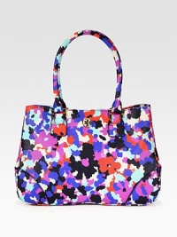 A rich opulent print on this structured top-handle bag of coated canvas imparts thoughts of spring. Double top handles, 7½ dropMagnetic snap closureProtective metal feetTwo inside zip pocketsTwo inside open pocketsCotton lining13½W X 9½H X 4DImported A rich opulent print on this structured top-handle bag of coated canvas imparts thoughts of spring. Double top handles, 7½ dropMagnetic snap closureProtective metal feetTwo inside zip pocketsTwo inside open pocketsCotton lining13½W X 9½H X 4DImported