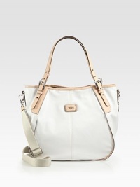 A well-crafted leather design with contrast trim and a versatile detachable strap.Adjustable double top handles, 5¼-9½ dropDetachable adjustable shoulder strap, 11½-22 dropSnap button closureOne inside zip pocketTwo inside open pocketsCotton lining12W X 10½H X 5DImported A well-crafted leather design with contrast trim and a versatile detachable strap.Adjustable double top handles, 5¼-9½ dropDetachable adjustable shoulder strap, 11½-22 dropSnap button closureOne inside zip pocketTwo inside open pocketsCotton lining12W X 10½H X 5DImported