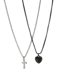 GUESS sets the tone, twice over, with this two-row necklace. Crafted from silvert-tone and hematite-tone mixed metals, the pendants glisten with glass crystal accents. Item comes packaged in a signature GUESS Gift Box. Approximate length: 16 inches + 2-inch extender. Approximate drop: 1-1/4 inches. GUESS sets the tone, twice over, with this two-row necklace. Crafted from silvert-tone and hematite-tone mixed metals, the pendants glisten with glass crystal accents. Item comes packaged in a signature GUESS Gift Box. Approximate length: 16 inches + 2-inch extender. Approximate drop: 1-1/4 inches.