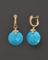 Round turquoise stones and diamond accents adorn these 18K gold earrings from Judith Ripka. Round turquoise stones and diamond accents adorn these 18K gold earrings from Judith Ripka.