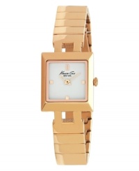 Kenneth Cole New York achieves understated opulence with this delicate, rosy watch. Rose gold-plated stainless steel bracelet and square case. Clean white dial features applied gold tone markers at twelve, three, six and nine o'clock, two hands and black logo. Quartz movement. Water resistant to 30 meters. Limited lifetime warranty. Kenneth Cole New York achieves understated opulence with this delicate, rosy watch. Rose gold-plated stainless steel bracelet and square case. Clean white dial features applied gold tone markers at twelve, three, six and nine o'clock, two hands and black logo. Quartz movement. Water resistant to 30 meters. Limited lifetime warranty.