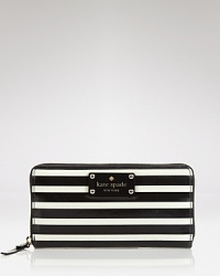 Statement stripes prove practical with this zip around leather wallet from kate spade new york. With space for your cash, card and coins, it's a graphic way to stay organized. Statement stripes prove practical with this zip around leather wallet from kate spade new york. With space for your cash, card and coins, it's a graphic way to stay organized.
