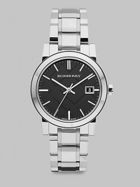 An iconic check stamped dial in a rich black with a sleek stainless steel case link braclet. Swiss quartz movementWater resistant to 5 ATMRound stainless steel case, 34mm (1.3)Smooth bezelBlack check stamped dialBar hour markersDate display at 3 o'clockSecond hand Stainless steel link braceletMade in Switzerland An iconic check stamped dial in a rich black with a sleek stainless steel case link braclet. Swiss quartz movementWater resistant to 5 ATMRound stainless steel case, 34mm (1.3)Smooth bezelBlack check stamped dialBar hour markersDate display at 3 o'clockSecond hand Stainless steel link braceletMade in Switzerland