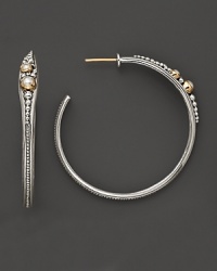 Graceful and lithe, these sterling silver hoops are accented with 18K yellow gold and pearls, recalling the beauty of ancient design. By Konstantino. Graceful and lithe, these sterling silver hoops are accented with 18K yellow gold and pearls, recalling the beauty of ancient design. By Konstantino.