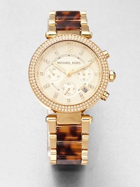 A technical, goldtone stainless steel timepiece accented with brilliant crystals and tortoise-print links. Quartz movementWater resistant to 10 ATMRound goldtone stainless steel case, 39mm (1.5) Crystal accented bezelLight champagne chronograph dialCrystal hour markersDate display between 4 and 5 o'clockSecond hand Tortoise-print and goldtoneImported A technical, goldtone stainless steel timepiece accented with brilliant crystals and tortoise-print links. Quartz movementWater resistant to 10 ATMRound goldtone stainless steel case, 39mm (1.5) Crystal accented bezelLight champagne chronograph dialCrystal hour markersDate display between 4 and 5 o'clockSecond hand Tortoise-print and goldtoneImported