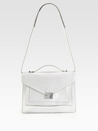 Stand out in this luxurious, metallic saffiano leather style in a chic structured frame.Top handles, 2½ dropAdjustable shoulder strap, 14½-20 dropPush-lock flap closureTwo open pocket under flapTwo inner compartmentsThree inside open pocketFour credit card slotsCotton lining11½W X 9H X 3DImported Stand out in this luxurious, metallic saffiano leather style in a chic structured frame.Top handles, 2½ dropAdjustable shoulder strap, 14½-20 dropPush-lock flap closureTwo open pocket under flapTwo inner compartmentsThree inside open pocketFour credit card slotsCotton lining11½W X 9H X 3DImported