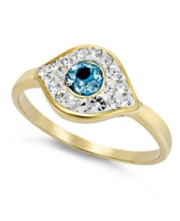 Keep your eye on this glam style. Studio Silver's good luck ring features the evil eye accented by blue and clear crystals in 18k gold over sterling silver. Size 7 and 8. Keep your eye on this glam style. Studio Silver's good luck ring features the evil eye accented by blue and clear crystals in 18k gold over sterling silver. Size 7 and 8.