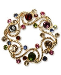 Regal and lovely, this golden wreath pin from Jones New York grabs attention with colorful glass accents. Crafted in gold tone mixed metal. Approximate length: 2 inches. Includes a gift box. Regal and lovely, this golden wreath pin from Jones New York grabs attention with colorful glass accents. Crafted in gold tone mixed metal. Approximate length: 2 inches. Includes a gift box.