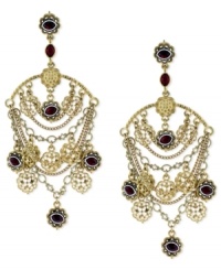Ornate elegance. This pair of chandelier earrings from Jessica Simpson is crafted from gold-tone mixed metal with faceted red stones adding a dramatic touch. Approximate drop: 3-1/2 inches. Ornate elegance. This pair of chandelier earrings from Jessica Simpson is crafted from gold-tone mixed metal with faceted red stones adding a dramatic touch. Approximate drop: 3-1/2 inches.