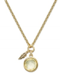 Tickle your fashion sense with this Juicy Couture charm necklace. A circular glass stone in alluring hues is paired with a feather charm for a sweet finishing touch. Crafted in gold tone mixed metal. Approximate length: 16 inches. Approximate drop: 1-1/2 inches. Tickle your fashion sense with this Juicy Couture charm necklace. A circular glass stone in alluring hues is paired with a feather charm for a sweet finishing touch. Crafted in gold tone mixed metal. Approximate length: 16 inches. Approximate drop: 1-1/2 inches.