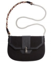 A daring take on the classic crossbody. This versatile silhouette features untamed python print accents with shiny silvertone hardware and a unique braid and chain detailed strap. A daring take on the classic crossbody. This versatile silhouette features untamed python print accents with shiny silvertone hardware and a unique braid and chain detailed strap.