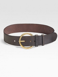 Rich calfskin with goldtone round buckle.About 2 wide Made in Italy Rich calfskin with goldtone round buckle.About 2 wide Made in Italy