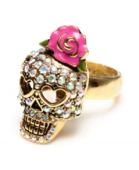 Graveyard glamour, by Betsey Johnson. Who else could make a glass Czech stone-accented skull with heart-shaped eyes look so pretty? Ring crafted from antique gold-plated mixed metal with pink enamel flower accent. Size 7. Graveyard glamour, by Betsey Johnson. Who else could make a glass Czech stone-accented skull with heart-shaped eyes look so pretty? Ring crafted from antique gold-plated mixed metal with pink enamel flower accent. Size 7.
