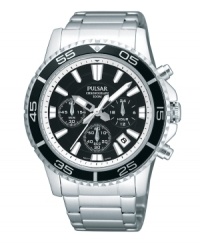 Black out past timepiece mistakes. This Pulsar watch is crafted of stainless steel bracelet and round case. Silver-tone numerals and indices at the black bezel. Black dial with three subdials, date window at four o'clock, three hands, logo and stick indices. Quartz movement. Water resistant to 100 meters. Three-year limited warranty. Black out past timepiece mistakes. This Pulsar watch is crafted of stainless steel bracelet and round case. Silver-tone numerals and indices at the black bezel. Black dial with three subdials, date window at four o'clock, three hands, logo and stick indices. Quartz movement. Water resistant to 100 meters. Three-year limited warranty.