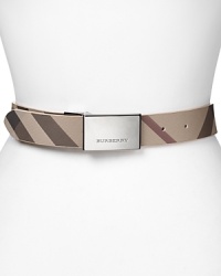In the brand's signature check print, this coated canvas belt lends signature style. In the brand's signature check print, this coated canvas belt lends signature style.