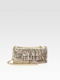Metallic leather trim ruffled sequins bag with a sleek chain strap is an evening essential. Chain shoulder strap, 25 dropTop zip closureCotton lining7¾W X 5½H X 1¾DMade in Italy Metallic leather trim ruffled sequins bag with a sleek chain strap is an evening essential. Chain shoulder strap, 25 dropTop zip closureCotton lining7¾W X 5½H X 1¾DMade in Italy