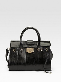 From the 24:7 Collection. Exquisite elaphe snake in a demure satchel shape, features a slim belt looping through metal grommets and dual straps for carrying versatility.Double top handles, 4 drop Adjustable shoulder strap, 13-22 drop Flip-lock flap closure Protective metal feet One inside zip pocket Two inside open pockets Suede lining 14W X 11H X 7½D Made in Italy From the 24:7 Collection. Exquisite elaphe snake in a demure satchel shape, features a slim belt looping through metal grommets and dual straps for carrying versatility.Double top handles, 4 drop Adjustable shoulder strap, 13-22 drop Flip-lock flap closure Protective metal feet One inside zip pocket Two inside open pockets Suede lining 14W X 11H X 7½D Made in Italy