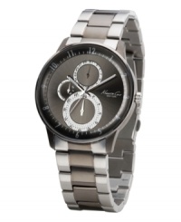 Striped to perfection. Two-tone gunmetal ion-plated bracelet and stainless steel case. Patterned gunmetal dial with multifunction subdials including day, date and 24-hour features. Three-hand, quartz movement. Water resistant to 30 meters. Striped to perfection. Two-tone gunmetal ion-plated bracelet and stainless steel case. Patterned gunmetal dial with multifunction subdials including day, date and 24-hour features. Three-hand, quartz movement. Water resistant to 30 meters.