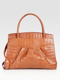 EXCLUSIVELY AT SAKS. Gorgeous crocodile leather, expertly tailored with center ruching and a removable shoulder strap, for more carrying options.Double top handles, 5 drop Removable shoulder strap, 8 drop Magnetic top closure Two outside magnetic pockets Protective metal feet One inside zip pocket Three inside open pockets Center zip compartment Suede lining 15W X 11H X 6D Imported