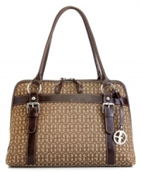 Opt in on the season's signature style with this essential Giani Bernini satchel that speaks elegance with some attitude. Bold buckle and stud detailing play perfectly against a classic jacquard backdrop, while plenty of pockets keep the interior effortlessly organized. Opt in on the season's signature style with this essential Giani Bernini satchel that speaks elegance with some attitude. Bold buckle and stud detailing play perfectly against a classic jacquard backdrop, while plenty of pockets keep the interior effortlessly organized.