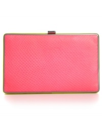 Party-right and bright for night, this luxe little lovely from BCBGMAXAZRIA blends bold color with beautiful embossing. Perfectly-sized to stash evening essentials, it tucks effortlessly under your arm. Party-right and bright for night, this luxe little lovely from BCBGMAXAZRIA blends bold color with beautiful embossing. Perfectly-sized to stash evening essentials, it tucks effortlessly under your arm.