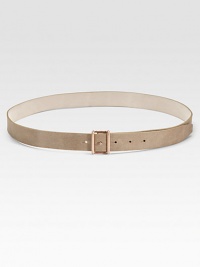 This slim swath of leather is coated in a shimmering metallic and fastens with a metal peg buckle.About 1½ wideLeatherMade in Italy of imported fabric This slim swath of leather is coated in a shimmering metallic and fastens with a metal peg buckle.About 1½ wideLeatherMade in Italy of imported fabric