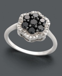 Embrace the cocktail ring trend with this chic cluster. Crafted in sterling silver, ring features seven round-cut black diamonds (7/8 ct. t.w.) surrounded by a halo of round-cut white diamonds (1/6 ct. t.w.). Size 7. Embrace the cocktail ring trend with this chic cluster. Crafted in sterling silver, ring features seven round-cut black diamonds (7/8 ct. t.w.) surrounded by a halo of round-cut white diamonds (1/6 ct. t.w.). Size 7.