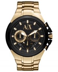 A classic gold-plated steel timepiece from AX Armani Exchange with modern touches of black silicone. A classic gold-plated steel timepiece from AX Armani Exchange with modern touches of black silicone.