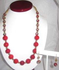 23 Long Red Fossil Stone and Cloisonne Necklace with Matching Earring 23 Long Red Fossil Stone and Cloisonne Necklace with Matching Earring