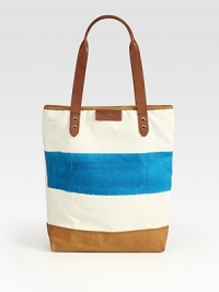 Paint-stripe canvas pairs with rich leather in this roomy top-handle carryall.Leather double top handles, 10 dropMagnetic top closureTwo outside open pocketsOne inside zip pocketFully lined15W X 13½H X 3DImported Paint-stripe canvas pairs with rich leather in this roomy top-handle carryall.Leather double top handles, 10 dropMagnetic top closureTwo outside open pocketsOne inside zip pocketFully lined15W X 13½H X 3DImported