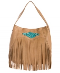 Discover you inner hippie-chic with this fun fringe hobo by Lucky Brand. Coral and turquoise stones adorn the silhouette in a diamond shaped pattern, while decorative stitching adds extra allure. Discover you inner hippie-chic with this fun fringe hobo by Lucky Brand. Coral and turquoise stones adorn the silhouette in a diamond shaped pattern, while decorative stitching adds extra allure.