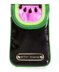 Deliciously fun. Give your PDA some personality with this whimsical watermelon case from Betsy Johnson. Teardrop black beads and detail stitching adorn the pink and green front flap that snaps securely closed, so your device stays safe. Deliciously fun. Give your PDA some personality with this whimsical watermelon case from Betsy Johnson. Teardrop black beads and detail stitching adorn the pink and green front flap that snaps securely closed, so your device stays safe.