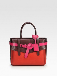 Featuring one of the season's hottest trends, colorblocking, a leather design with unquestionable charm.Double top handles, 5¾ dropOpen topProtective metal feetTwo outside open pocketsTwo inside zip pocketsTwo inside open pocketsCotton lining12W X 9½H X 4DMade in Italy Featuring one of the season's hottest trends, colorblocking, a leather design with unquestionable charm.Double top handles, 5¾ dropOpen topProtective metal feetTwo outside open pocketsTwo inside zip pocketsTwo inside open pocketsCotton lining12W X 9½H X 4DMade in Italy