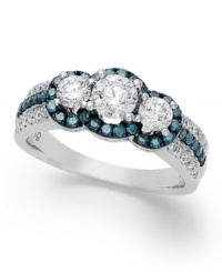 Sparkle in every shade. This stunning 3-stone ring is covered with round-cut blue diamonds (3/8 ct. t.w.) and white diamonds (1-1/8 ct. t.w.) in 14k white gold. Sparkle in every shade. This stunning 3-stone ring is covered with round-cut blue diamonds (3/8 ct. t.w.) and white diamonds (1-1/8 ct. t.w.) in 14k white gold.