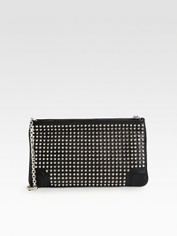Edgy metal studs coat this versatile leather clutch with a detachable chain strap. Detachable chain shoulder strap, 11½ dropTop zip closureOne inside open pocketSignature red lining11½W X 7H X 1DMade in Italy Edgy metal studs coat this versatile leather clutch with a detachable chain strap. Detachable chain shoulder strap, 11½ dropTop zip closureOne inside open pocketSignature red lining11½W X 7H X 1DMade in Italy
