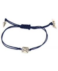 Egyptian chic. This RACHEL Rachel Roy bracelet showcases a pyramid charm with glass stone accents. An adjustable navy waxed cotton cord holds it all together. Set in silver tone mixed metal. Approximate diameter: 3/8 inch. Adjustable from 1 inch to 7-1/4 inches. Egyptian chic. This RACHEL Rachel Roy bracelet showcases a pyramid charm with glass stone accents. An adjustable navy waxed cotton cord holds it all together. Set in silver tone mixed metal. Approximate diameter: 3/8 inch. Adjustable from 1 inch to 7-1/4 inches.