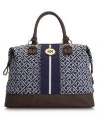 Pretty, preppy and poised, this stunning signature design by Tommy Hilfiger will keep your style on point all year round. Contrast trim, signature goldtone hardware and a striped center design accent this gorgeous look. Pretty, preppy and poised, this stunning signature design by Tommy Hilfiger will keep your style on point all year round. Contrast trim, signature goldtone hardware and a striped center design accent this gorgeous look.